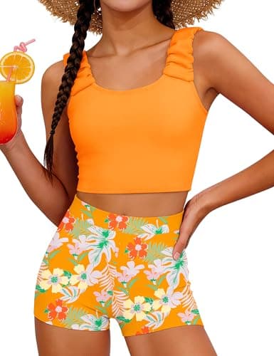 GEMLON Girls Swimsuit Size 8 Orange Cross Back Ruched Straps Tank Top with Floral Printed Shorts 2 Piece Bathing Suits for Girls - Image 1