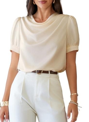 Dokotoo Business Casual Tops for Women 2026 Cowl Neck Tops Dressy Casual Short Puff Sleeve Pleated Summer Clothes Outfits Spring Satin Blouse Beige X-Large - Image 1