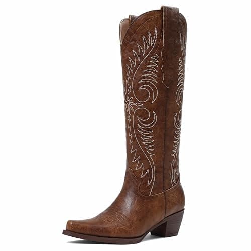 Erocalli Spring Cowgirl Boots Women Brown Knee-high Western Cowboy Boot - Exquisite Embroidery, Snip Toe, Pull On, Wide Calf, Tall Cowgirl Boots, Chunky Heel, Comfortable, All-Day Wear, Outdoor - Image 1