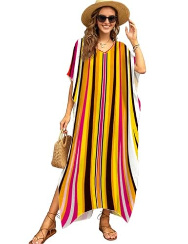 ZIRHYSTA Short Sleeve Kaftan Cover Up Muumuu Dress, V Neck Maxi Beach Caftan, Bathing Suit Swim Coverup for Pool Vacation S-XXL (Sunset Stripe) - Image 1