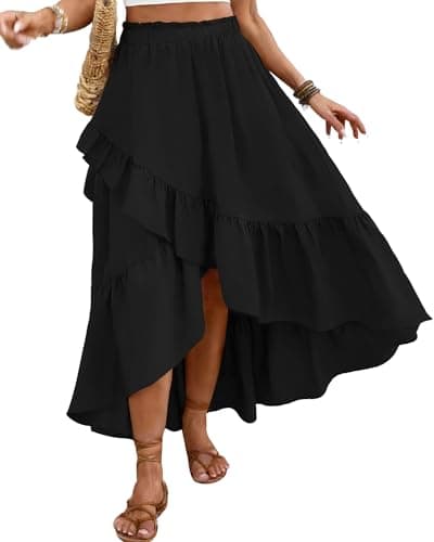 Bsubseach Women Western Asymmetrical Wrap Maxi Skirt, Ruffle Slit Flowy High Low Boho Midi Skirt Black - Image 1
