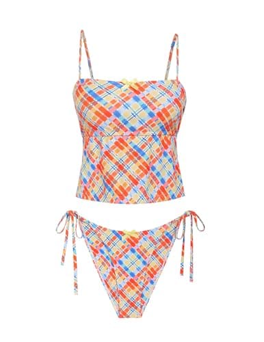 seamoly Women's Tankini Sets Open Back High Cut Side Tie Thong Tankinis Sexy Bathing Suit Orange Colorful Gingham L - Image 1