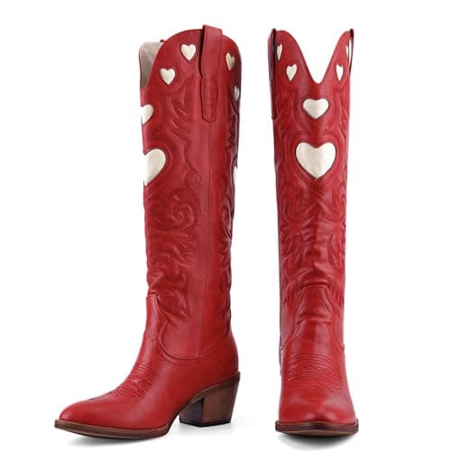 POYOIOR Red Women Western Cowboy Boots with Heart Pattern Classic Embroidered Chunky Heel Cowgirl Fashion Long Booties Round Toe Fashion Tall Boots for 2025 Fall Winter Size 9.5 - Image 1