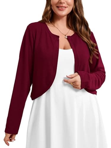AusLook Plus Size Women Shrugs Long Sleeve Burgundy 4X Open Front Cardigan Knit Lightweight Coat Cropped Bolero Tops Shawls and Wraps Dressy Sweater - Image 1