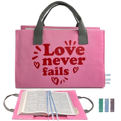 Compact Bible Cover for Women, Zipper-Free Canvas Bible Case, 1 Corinthians 13:4-8 Lover Never Fails Christian Gifts for Women - Image 1