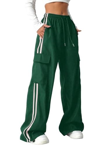ZAFUL Womens Parachute Pants Y2K Wide Leg Cargo Sweatpants Drawstring Waist Jogger Pants with Pockets 2-Dark Green L - Image 1