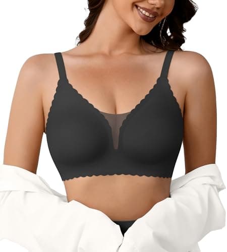 DEANGELMON Wireless Bras for Women Seamless Push Up Bralettes Scalloped V Neck Mesh Bra Tshirts Bra Comfort Everyday Bras(Black,XXL) - Image 1