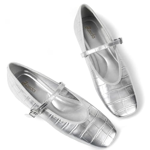Zasda Womens Mary Jane Flats Square Toe Ballet Flats Leather Comfortable Casual Dressy Shoes with Adjustable Ankle Strap Sliver - Image 1