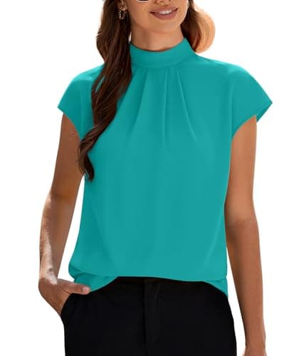 Funlingo Blouses for Women Spring Dressy Casual Short Sleeve Shirts Mock Neck Summer Business Chiffon Tops Pleated Formal Office Outfits Viriaian Green Petite XS - Image 1