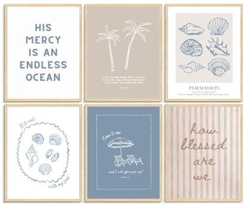 AHYARTLT 6Pcs Coastal Christian Wall Art Prints Seashell Bible Verse Posters Beachy Scripture Religious Wall Decor Pictures for Bedroom Living Room Home Decoration Unframed 12x16in - Image 1