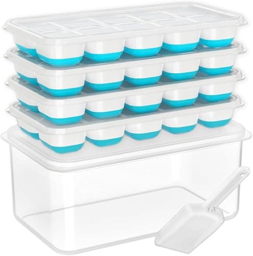 DOQAUS Ice Cube Tray with Lid and Bin - 4 Pack Silicone Ice Cube Trays for Freezer, Stackable Ice Bucket Kits with Storage Container & Scoop for Kitchen, RV, Cocktail, Coffee - Image 1