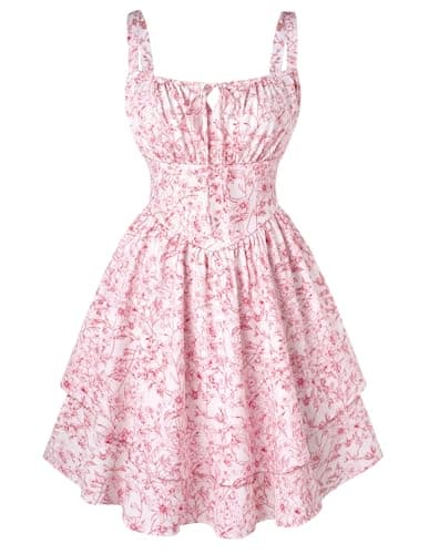 Scarlet Darkness Floral Mini Corset Dress for Women Teen 2026 Summer Spring Flowy A-Line Sundress with Pockets White Red Floral M - Image 1