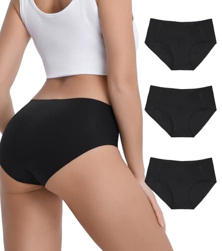 OWNFUN Black Seamless Underwear Womens Laser Cut Underwear No Show Hipster Panties Mid Waisted Full Coverage Hipster Panties 3-Pack - Image 1
