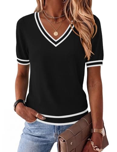 Zeagoo V Neck Sweaters for Women 2026 Summer Essential Fall Layering Thin Sweater Ladies Ribbed Knitted Blouses Tops - Image 1