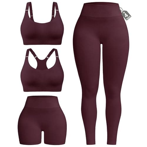leviace 4-Piece Workout Sets for Women - with Butt Lifting Shorts & Leggings, 2 Seamless Ribbed Sports Bras, Gym Outfits Matching Athletic Set Padded Bra for Yoga Pilates Fitness Clothing,Wine Red,M - Image 1