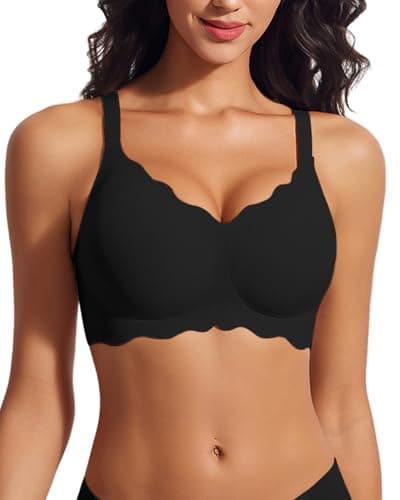 LIIJOO Wireless Seamless Scalloped Bra Full Coverage Push Up Lift No-Underwire Back-Smoothing U-Back Adjustable Straps Hook-and-Eye Breathable Stretch(Black, S) - Image 1