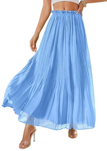 PRETTYGARDEN Pleated Midi Skirts for Women 2026 Flowy Summer Beach Vacation High Waisted Chiffon Boho A-Line Long Skirt(Light Blue,Small) - Image 1