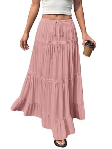BTFBM Spring Skirts for Women 2026 Summer Boho Beach Vacation Clothes Casual Pleated High Waisted Flowy Maxi Skirt(Pink, Small) - Image 1