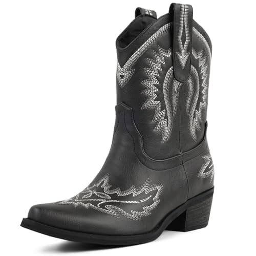 LingxiaUne Cowgirl Boots for Women,Black Ankle Cowgirl Boots Chunky Heel,Short Western Booties with Embroidery, Comfortable Block Low Heel Boot Wide Calf, Women's Snip Toe Cowgirl Boot - Image 1