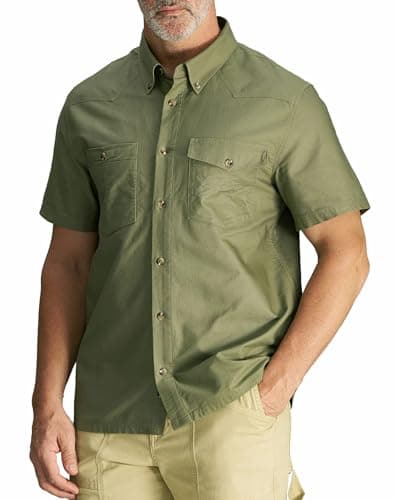 CHRONOLINE Short Sleeve Button Down Shirt for Men Regular Fit Oxford Cotton Work Shirt with Pocket Work Utility Top for Men, Drab Green, S - Image 1