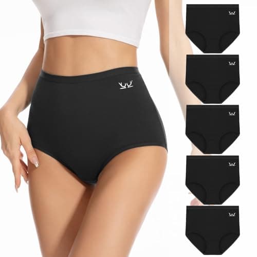 PULIOU Women's High Waisted Cotton Underwear Stretch Briefs Full Coverage Soft Breathable Panties 5 Pack Black - Image 1