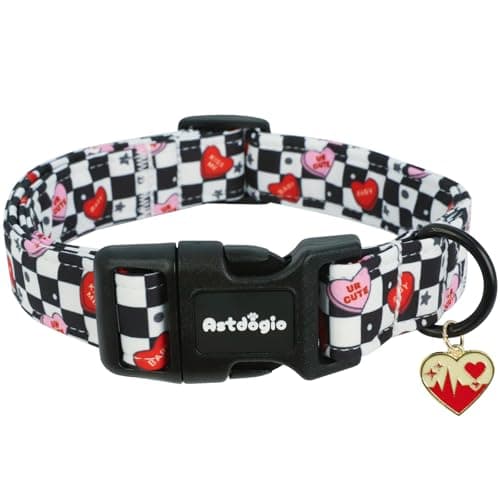 Astdogio Valentine Dog Collar for Small Dogs, Black & White Small Dog Collar with Heart Pattern,Adjustable Girl Boy Dog Collars, Cute Dog Collars Ideal for Your Puppy Valentine Gifts