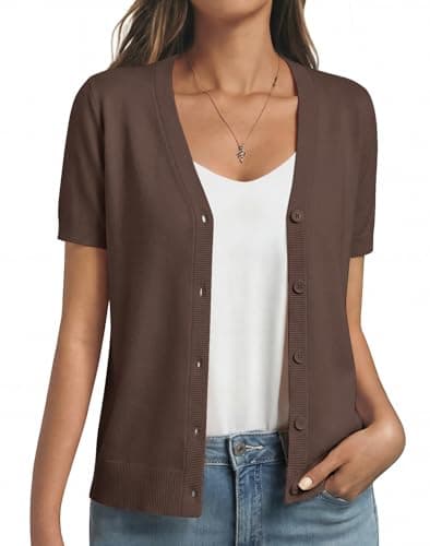 GKBK Short Sleeve Women Cropped Shrug Cardigan Lightweight Cashmere Wool Blend Summer Knit Sweater Trendy for Work Business Office and Casual Spring Outfits 2026 Coffee Large - Image 1