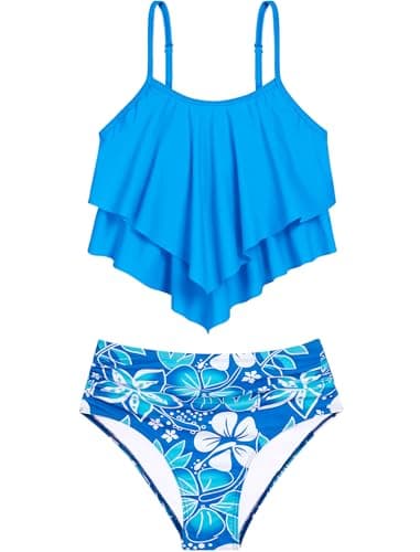 Teen Bikini Swimsuits for Girls 14-16 Two 2 Piece Sapphire Blue Floral Ruched Flounce Bathing Suits Cute Hawaii Trip Holiday Swimming - Image 1