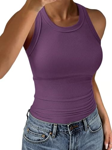 C.O.Z.Y Tank Tops for Women Ribbed Racerback Top Shirts High Neck Tank Casual Slim fit Basic Summer Tops Purple M - Image 1