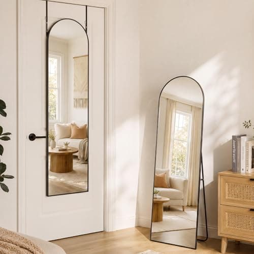 BEAUTYPEAK 15"x 56" Over The Door Mirror, Arched Full Length Mirror with Floor Stand and Aluminum Frame, Adjustable Hooks, Wall Mounted or Standing for Bedroom, Living Room, Bathroom, Dorm, Black - Image 1