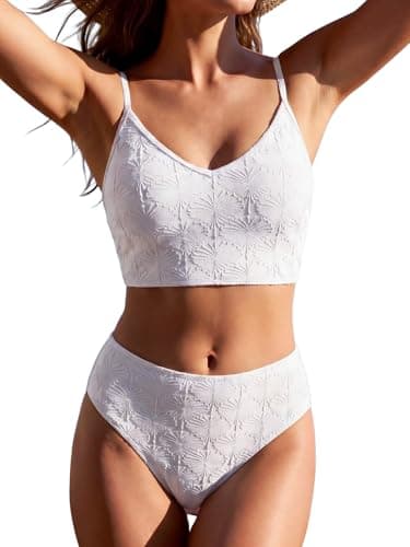 ZAFUL Womens Modest Two Piece Swimsuit High Waisted Full Coverage White Bikini Textured Bathing Suits Tummy Control V Neck High Cut Swim Suit 2026 Swimwear for Ladies Medium - Image 1