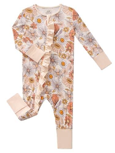 Joonberry Unisex Baby Bamboo Viscose Long Sleeve Romper, Cute Prints Zipper Footless Jumpsuit, Toddler One-Piece Outfits(Gerbera Daisy, 6-9M) - Image 1