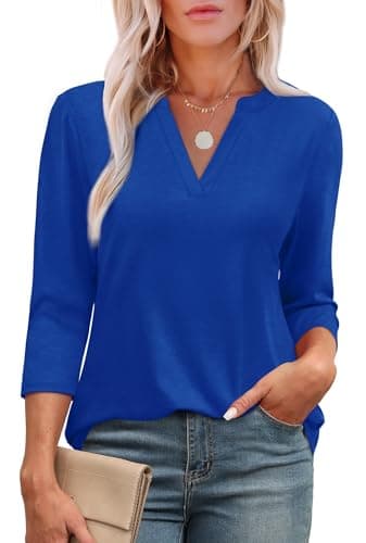 OFEEFAN Summer Tops for Women 2026 Trendy 3/4 Sleeve T Shirts Work Blouses Businsee Casual Plus Size Blue 3XL - Image 1