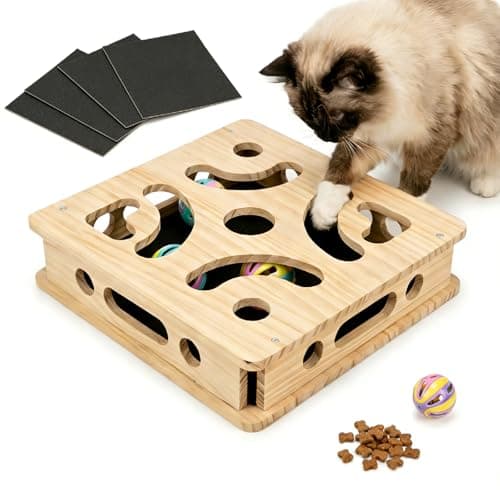 EIODEAR Cat Nail File Scratcher with 5 Sandpaper Pads, 4 Bell Balls, 8 Screw, Solid Wood Cat Scratch Puzzle Enrichment Box Nail Filer Box Toy to File Nails, Cat Treat Box for Treat-Motivated Cats - Image 1