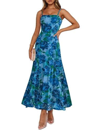 Caracilia Maxi Dresses for Women Formal Mesh Spaghetti Strap Cocktail Wedding Guest Party Floral Flowy Dress 2026 Summer Blue Gree Rose X-Small - Image 1