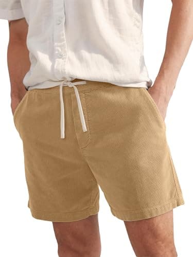 PLEPAN Mens Corduroy Shorts Casual 5 Inch Inseam Elastic Waist Drawstring Summer Beach Khaki Shorts for Men, Khaki, US (34) M - Image 1