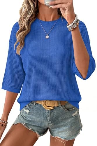 Arach&Cloz 2026 Women's Cotton Spring Summer Crochet Tops Crew Neck 3/4 Half Drop Short Sleeve Hollow Out Oversized Resort Wear Sweater Casual Vacation Outfits Fashion Trendy Shirts Royal Blue XL - Image 1