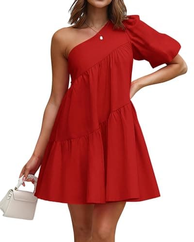 KIRUNDO Summer One Shoulder Mini Baby Doll Dresses Women 2026 Casual Puff Sleeve Loose Tiered A Line Flowy Short Dress(Red, Small) - Image 1