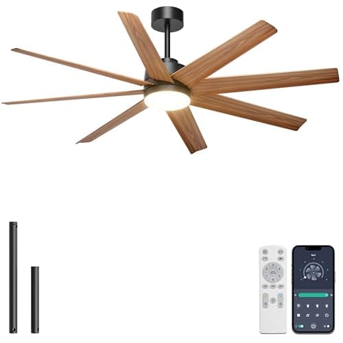 Ohniyou 60'' Ceiling Fan with Light - 8 Blades Modern Farmhouse Ceiling Fan Remote/APP Control, Dimmable, Covered Outdoor Fan for Patio, Living Room, Black+Wood Color - Image 1
