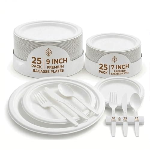 150PCS Compostable Plates Sugarcane Utensils Paper Plate Disposable Heavy Duty, Eco Friendly Dinnerware Set for 25 Guests Includes 25 Biodegradable Plates Spoons, Knives & 50 Forks for Brithday Party - Image 1