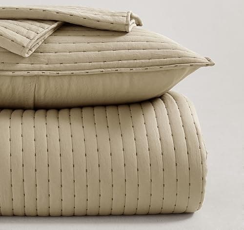 COOLXTRA Lightweight Quilted Bedspread Quilt Set, Pre-Washed Brushed Microfiber, Handmade-Look Stitching, All-Season Decorative Coverlet with 2 Pillow Shams, Oversized King, Camel - Image 1