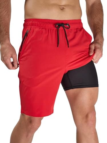Arcweg Mens Swim Trunks Red with Compression Liner 2 in 1 Quick Dry Samill Swim Shorts Bathing Suits Beach Shorts wih Ziper Pockets - Image 1