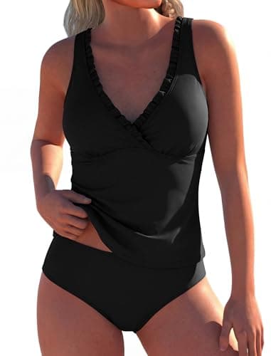 ZAFUL Womens Tummy Control Bathing Suits Modest Swimsuits Two Piece Tankini Top with High Waisted Bottom Black M - Image 1