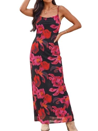 ZAFUL Womens Summer Floral Maxi Dress Spaghetti Strap Mesh Stretch A Line Dresses 2026 Tropical Elegant Vacation Wedding Guest Slip Long Dresses Spring Clothing Purple Small - Image 1
