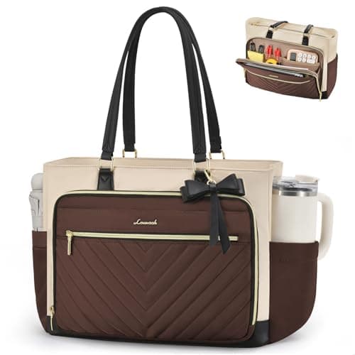 LOVEVOOK 17 Inch Laptop Tote Bag for Women, Nurse Work Bag with Large Cup Holder, Quilted Diaper Bag for Travel, Computer Women's handbags for Teacher gift, Coffee-apricot-black
