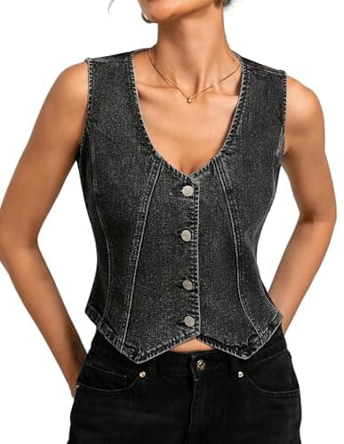 Kate Kasin Women's Denim Vest, Sleeveless Stretch Button Down Cropped Jean Vest for Women, Casual Fitted Summer Western Outfit(Grey,XL - Image 1