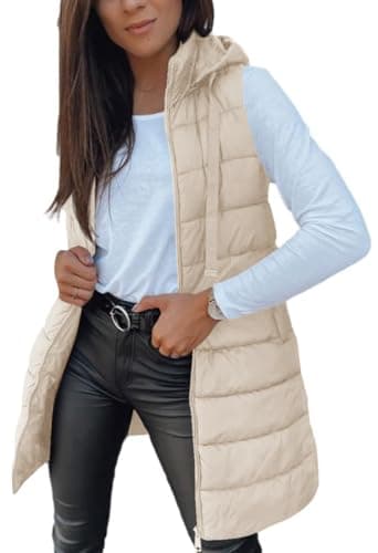 Veatzaer Women Long Vest Solid Color Sleeveless Hood Winter Puffer Vest Outwear - Image 1