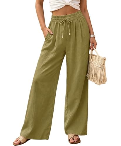 AceNest Womens Linen Pants with Pockets High Waisted Linen Drawstring Pants Wide Leg Petite Palazzo Pants Casual Summer Green S
