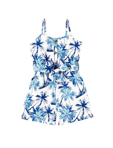PATPAT 5T Romper For Girls, Palm Print, Toddler Girl Jumpsuit, Backless Wide Leg Sleeveless Hawaiian Rompers With Pockets, Spaghetti Strap Jumpsuits With Belt, Kids Summer Outfits - Image 1