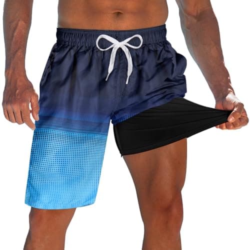 Men's Swim Trunks with Compression Liner 9 Inch Board Shorts Man Dark Blue Black Novelty Cycling Bathing Suits for Man Quick Dry Running Swimming Shorts Stretch Shorts Swimwear Holiday L - Image 1